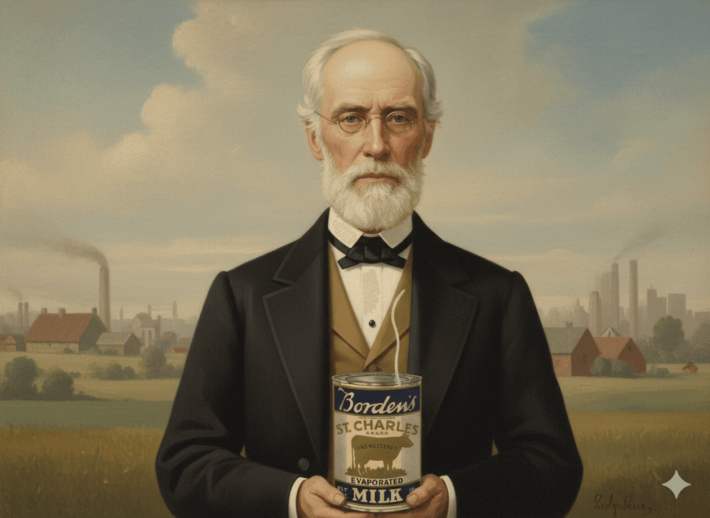 Stylized modern illustration of Gail Borden, 19th century inventor, portrait, vintage style, historical figure