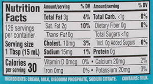 Light Cream Nutrition Label | Borden Dairy