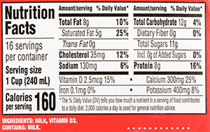 Whole Vitamin D Milk Nutrition Label | Borden Dairy